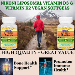 Nikoni liposomal D3 K2 nutrition label showing non GMO and gluten free features.