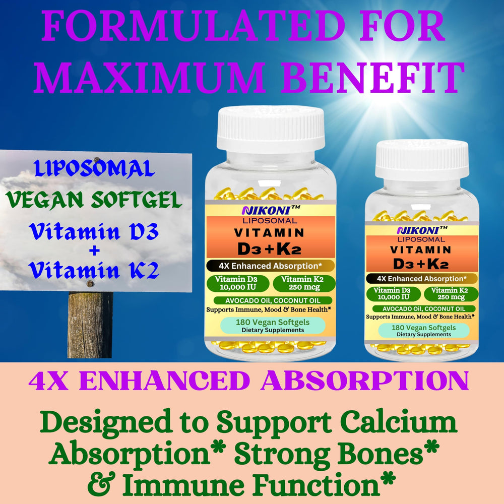 Nikoni liposomal D3 K2 packaging box emphasizing quality and testing.