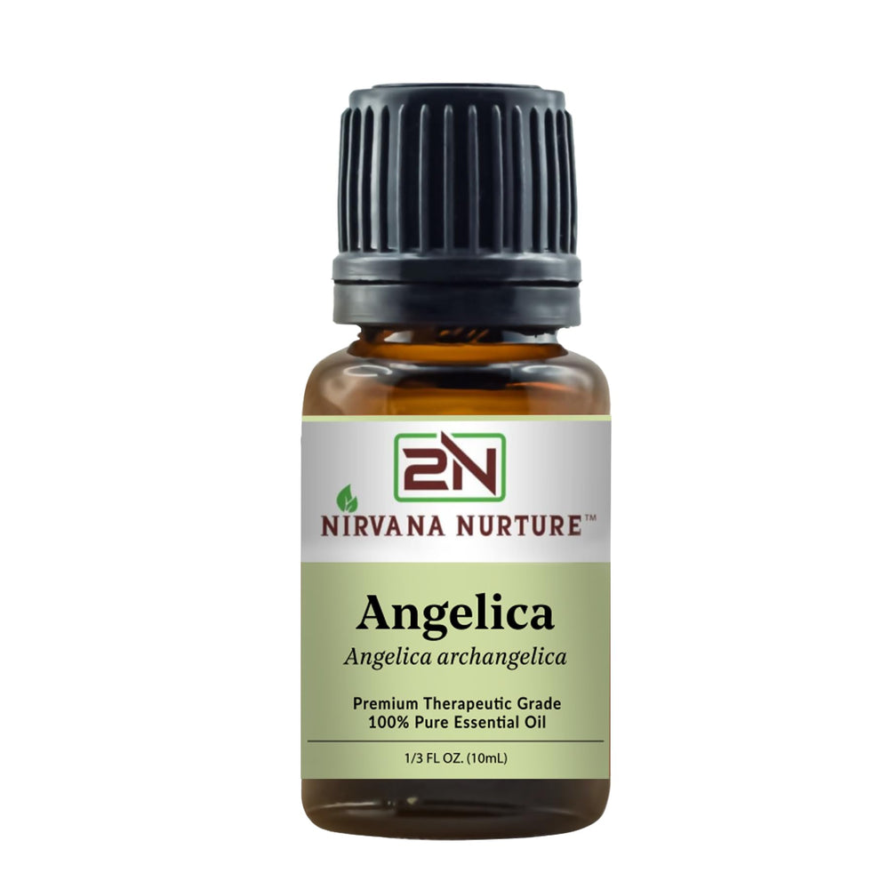 Nirvana Nurture Angelica Oil bottle with amber glass for calming aromatherapy.
