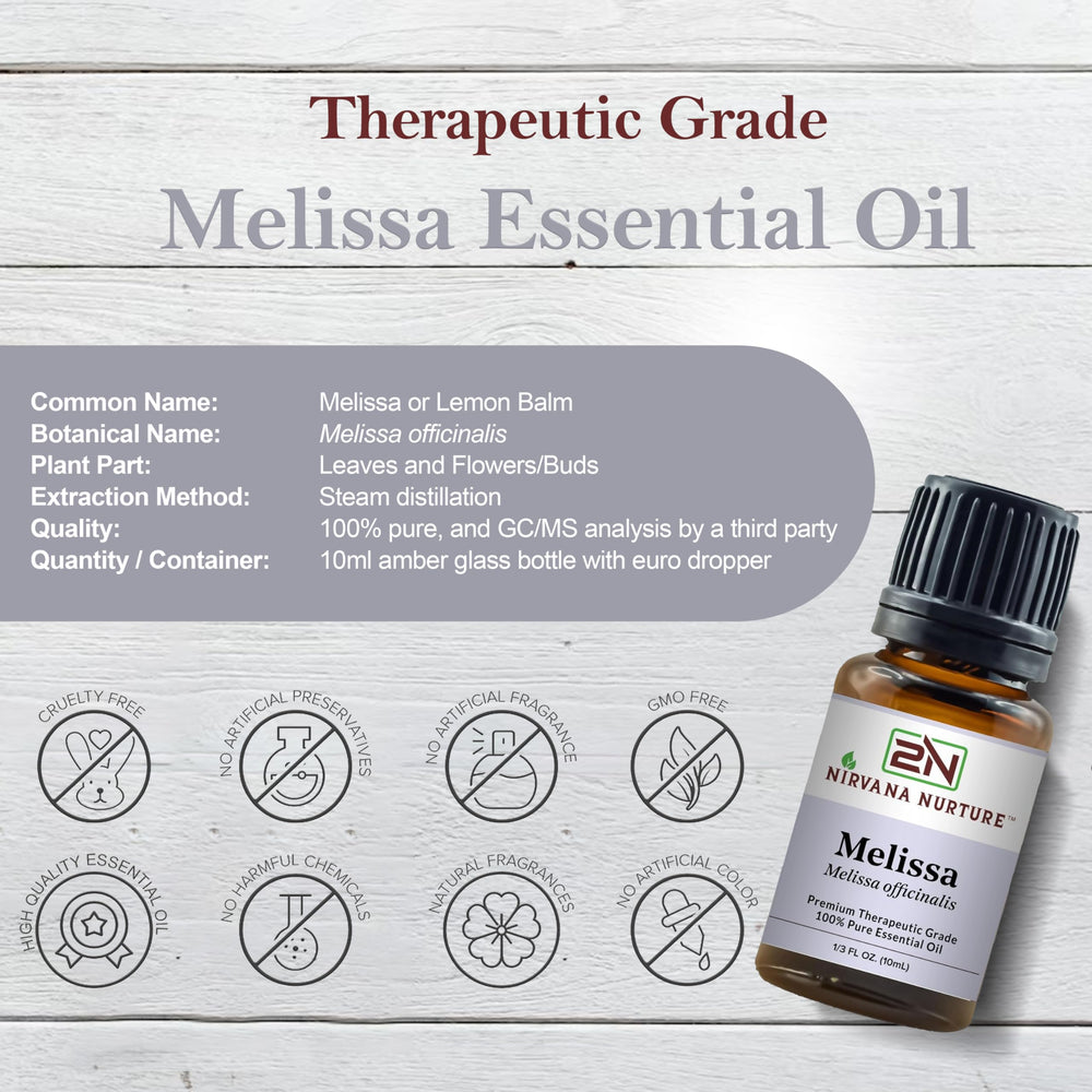 Nirvana Nurture Melissa essential oil dropper close-up for precise diffuser use.