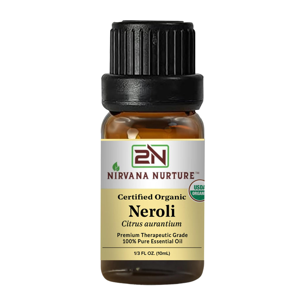 Nirvana Nurture Neroli oil bottle showcases pure aroma for calming sessions.