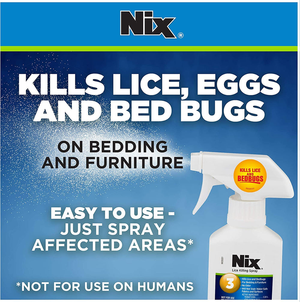 Nix Lice and Bed Bug Killing Spray on mattress seams for extended area protection.