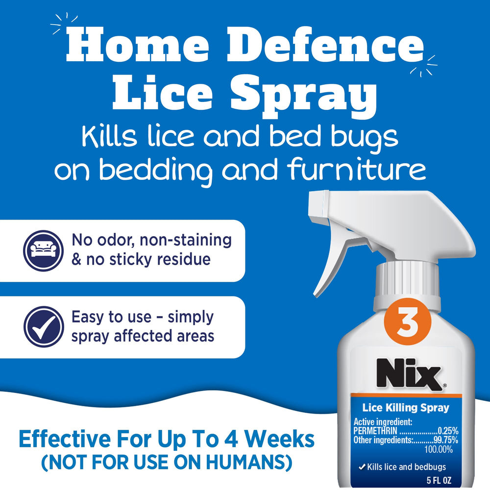 Nix Lice & Bed Bug Killing Spray for Home on bedding and furniture.