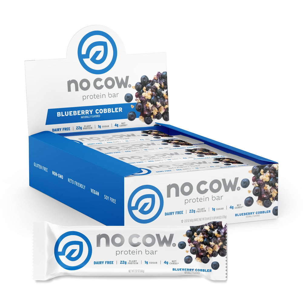 No Cow Blueberry Cobbler bar packshot: protein-packed, fiber-rich fuel for busy days.