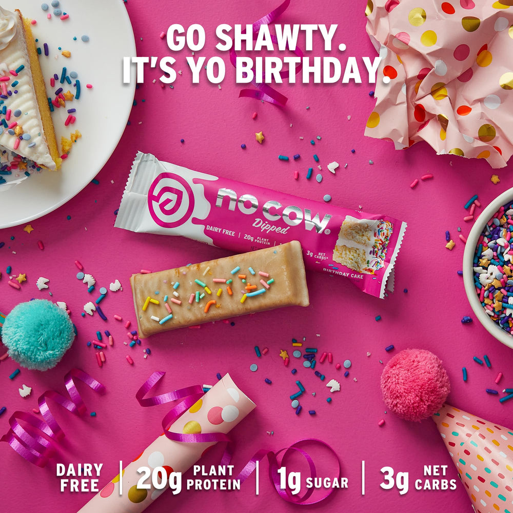 No Cow Birthday Cake bar nutrition panel highlights low sugar and high fiber.