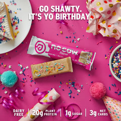 No Cow Birthday Cake bar nutrition panel highlights low sugar and high fiber.