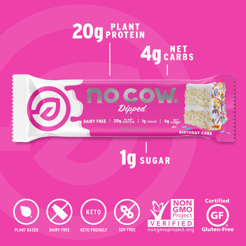 No Cow packaging detail emphasizes gluten-free and dairy-free ingredients for allergen-conscious diets.