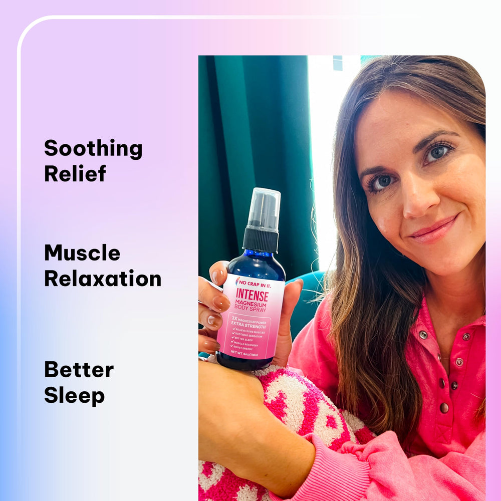 No Crap In It Intense Magnesium Spray box and bottle shown in unboxing setting.