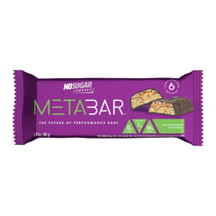 No Sugar META BAR broken in half displays gooey caramel and crunchy peanuts.