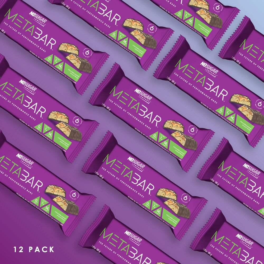 No Sugar META BAR glossy chocolate coating emphasizes decadent, on-the-go appeal.