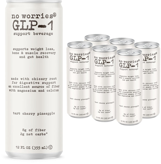 No Worries GLP-1 prebiotic beverage bottle with tart cherry pineapple flavor and satiety potential