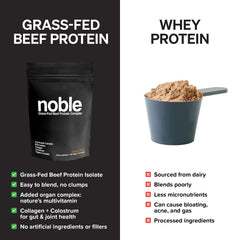 Noble Origins colostrum and collagen blend close-up for nutrient-dense support.