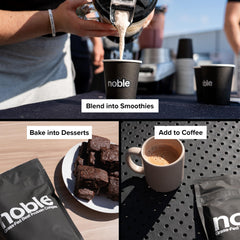 Noble Origins grass-fed beef protein bottle highlights whey-free formula.