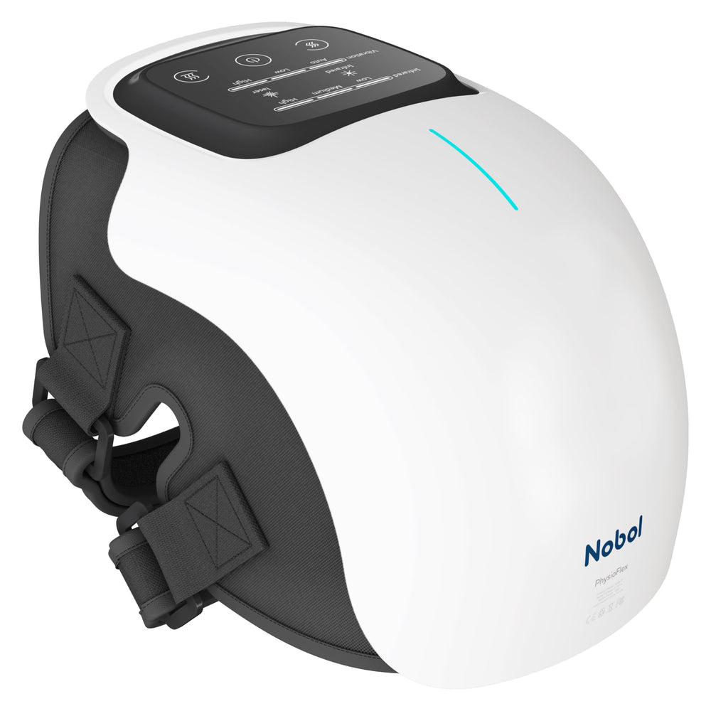 Nobol PhysioFlex knee massager shown in side view with heat and vibration features for targeted relief
