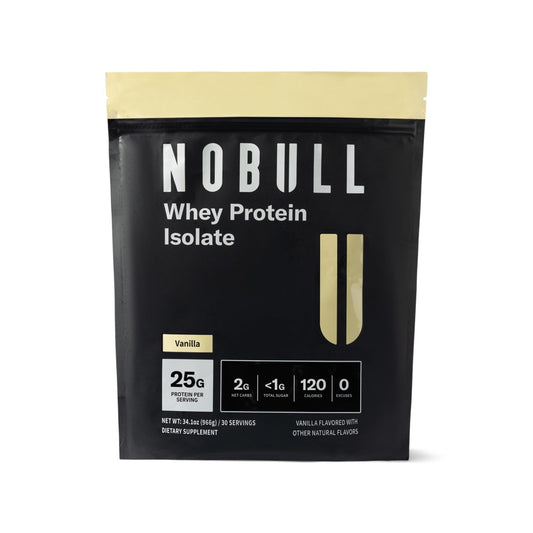 NOBULL Grass-Fed Whey Isolate bottle pour shown for post-workout recovery with clean protein