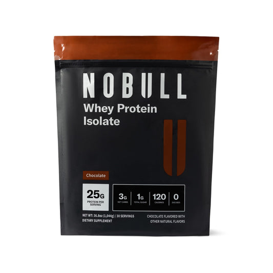 NOBULL Grass-Fed Whey Protein Isolate chocolate front-label view highlights clean, verified nutrition.