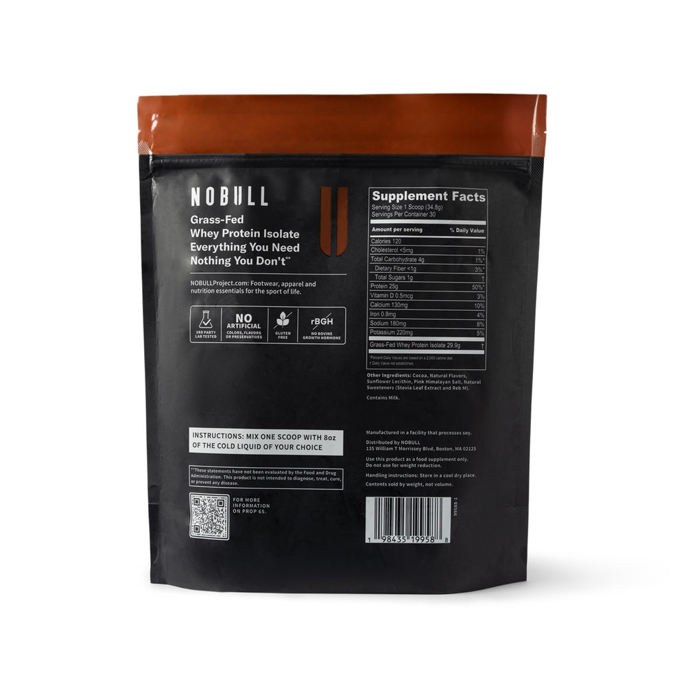 NOBULL Grass-Fed Whey Isolate tub close-up emphasizes lab-verified quality for confident fueling.