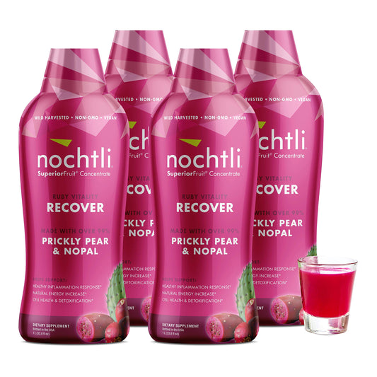 Nochtli Recover prickly pear liquid bottle highlights antioxidant-rich daily support