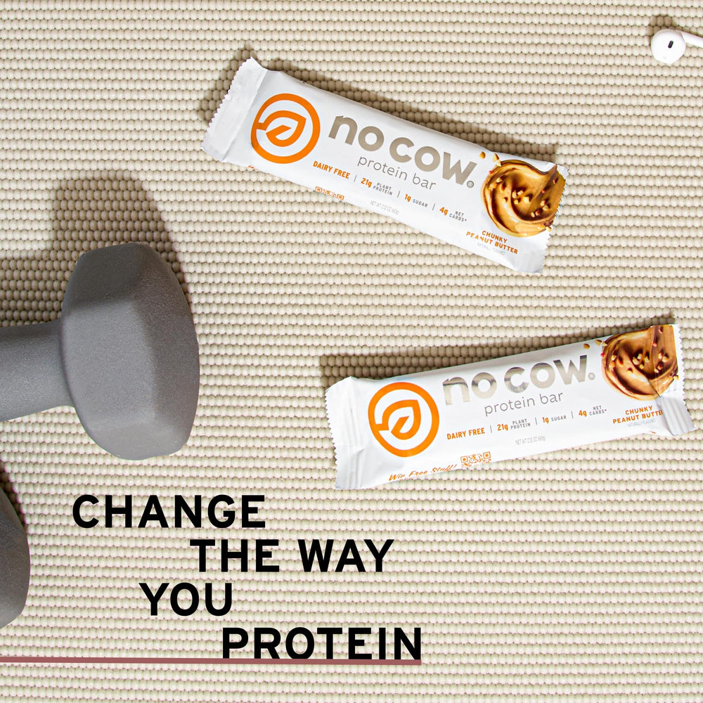 No Cow chunky peanut butter bar features crunchy peanut pieces.