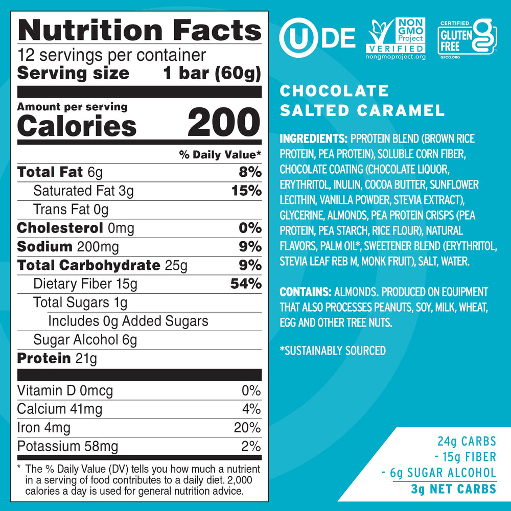 Close-up of No Cow Chocolate Salted Caramel bar showing rich flavor and fiber-rich ingredients.