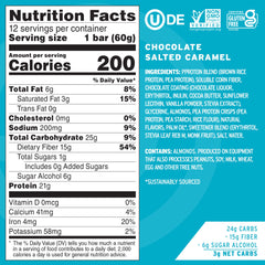 Close-up of No Cow Chocolate Salted Caramel bar showing rich flavor and fiber-rich ingredients.
