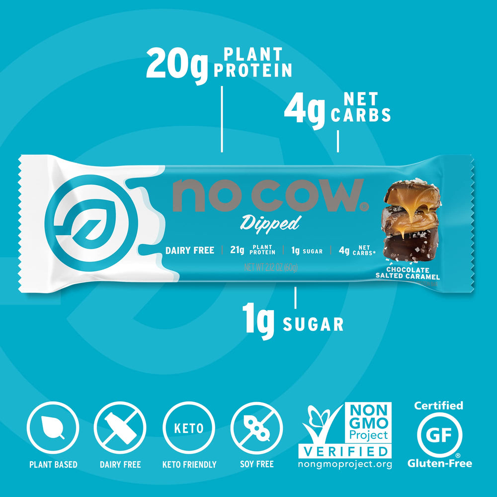 Cross-section view reveals 20g plant-based protein in No Cow bar Chocolate Salted Caramel.