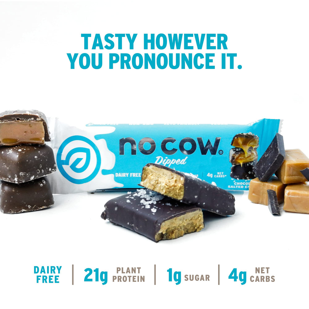 No Cow ingredient list emphasizes vegan, gluten-free, non-GMO, dairy-free formula.