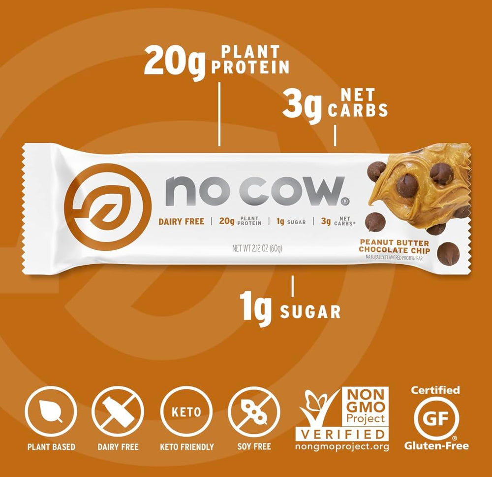No Cow peanut butter bar ingredients bowl, supports gut-friendly high-fiber snacking.