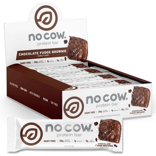 No Cow Upgraded Chocolate Fudge Brownie bar front view with rich texture and 20g protein.