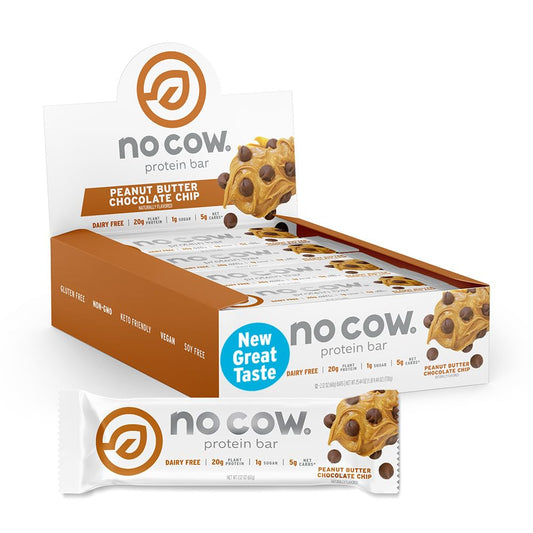 No Cow upgraded peanut butter chocolate chip bar packaging for on-the-go snacking