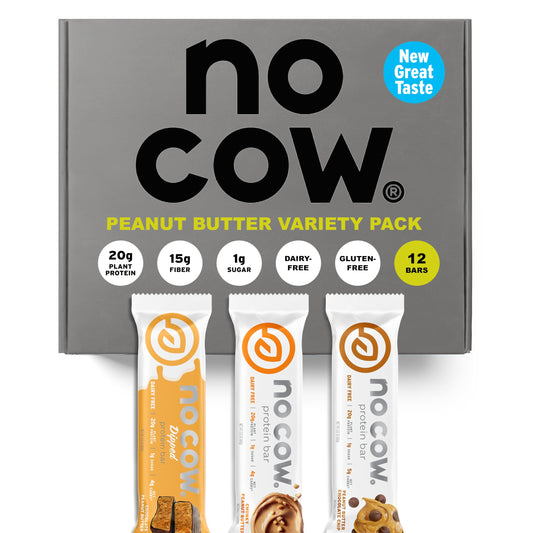 No Cow upgraded peanut butter variety pack on display, a high-protein snack option.