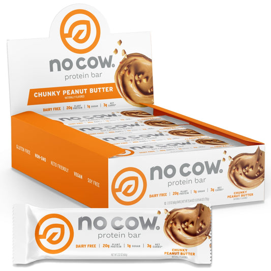 No Cow vegan protein bar with chunky peanut butter, ideal for post-workout snacking.