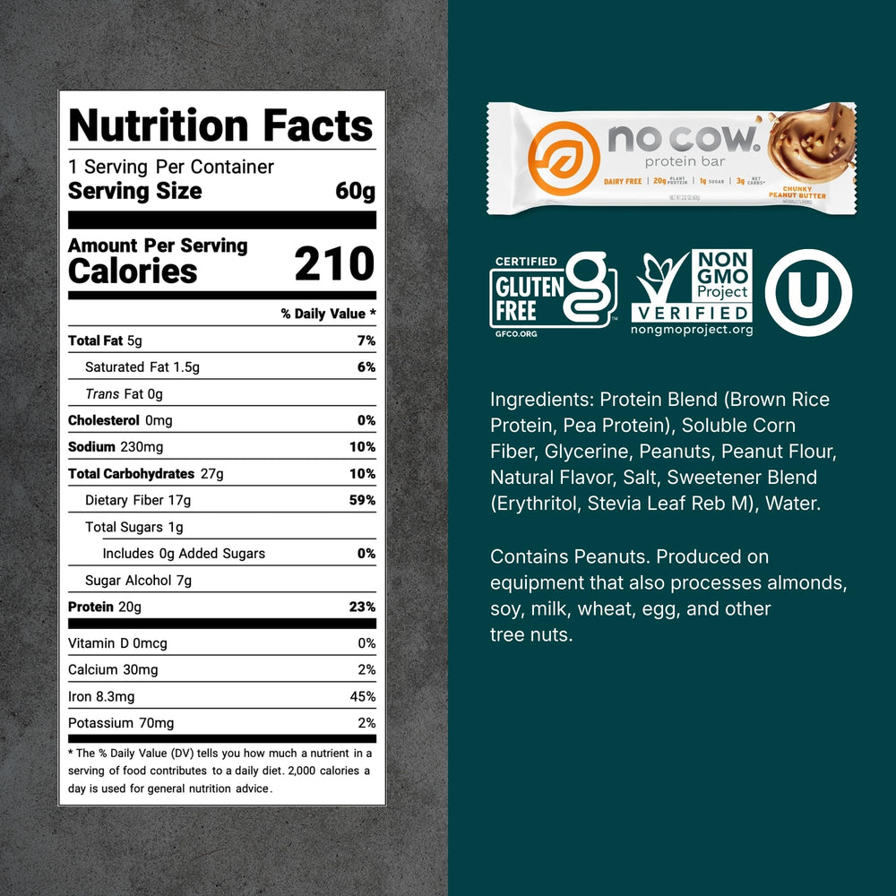 No Cow vegan protein bar ingredient label highlights clean, plant-based nutrition.