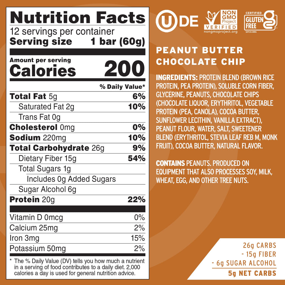 No Cow vegan protein bar texture close-up shows creamy peanut butter and chips