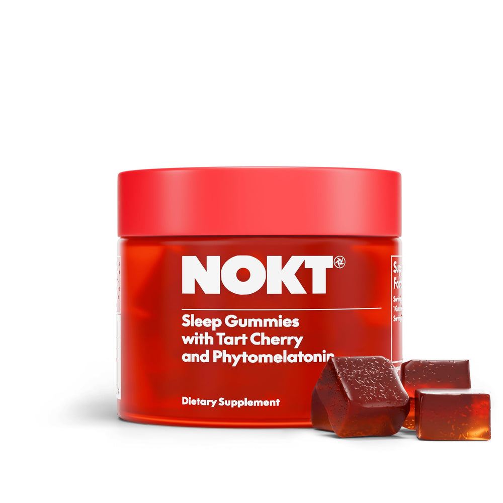 NOKT Sleep Gummies bottle front showing tart cherry flavor and restful evenings
