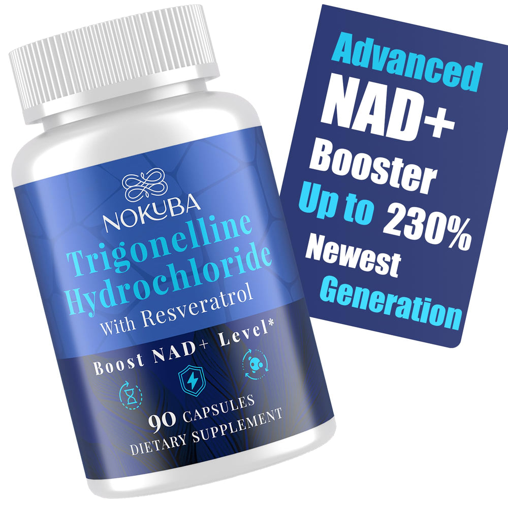 Nokuba NAD supplement bottle showcasing daily energy support and aging-friendly ingredients.