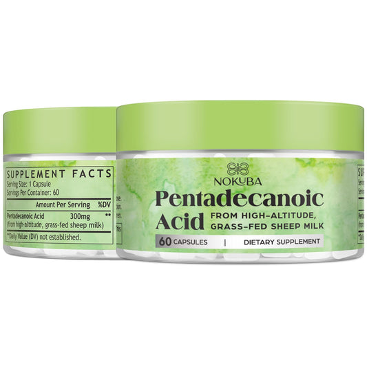Nokuba Pentadecanoic Acid C15:0 supplements bottle supports daily wellness.