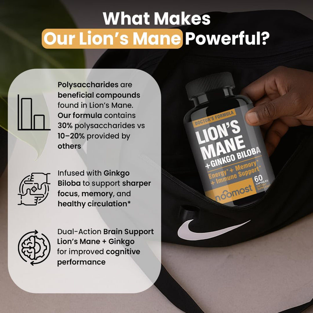 Close-up of Ginkgo Biloba and Lions Mane ingredients signals memory and mental focus support.