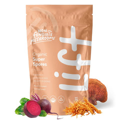 Non Fungible Mushrooms Lift powder tin close-up highlighting natural blend and energy potential