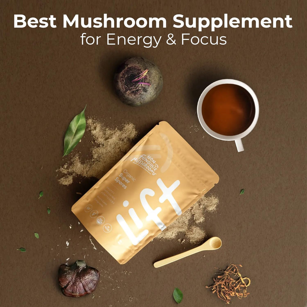 Non Fungible Mushrooms Lift powder being mixed into a smoothie for energy