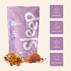 Sleep Powder jar open, showing organic mushroom blend for nightly ease.
