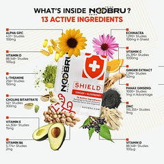 Noobru Shield daily sachets showcased for convenient on-the-go immune and energy support.