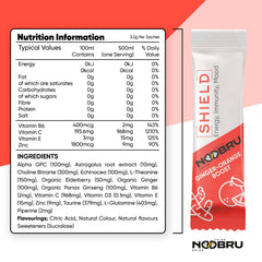 Noobru Shield ginger extract bottle highlights natural immune support with a zesty profile.