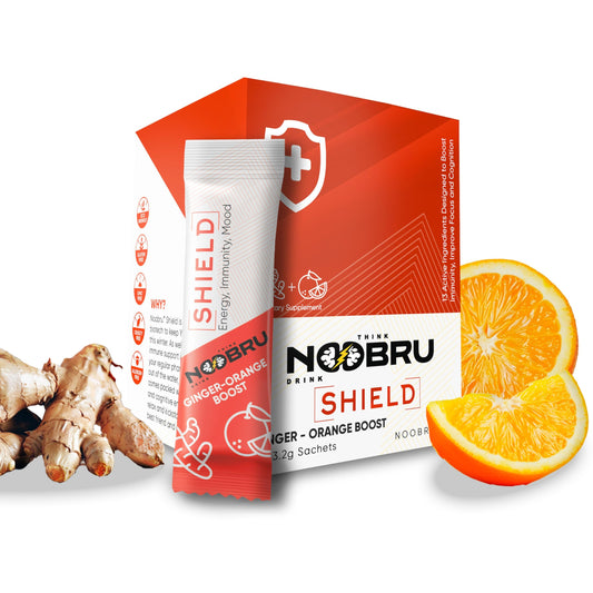 Noobru Shield powder jar shows a vegan blend for daily immune support and vitality.