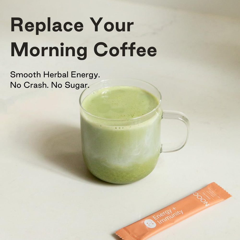 NOOCI Energy + Immunity sachet dissolving in water for a steady lift