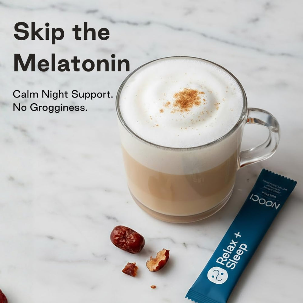 NOOCI Relax + Sleep sachet beside a warm mug signaling bedtime relaxation