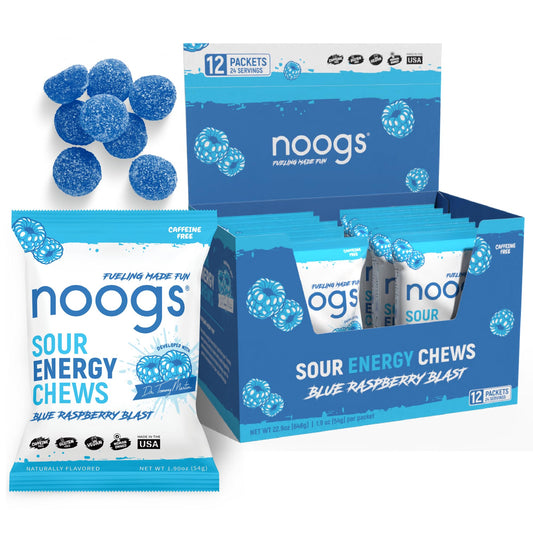 Noogs Sour Energy Chews blue raspberry pack for on-the-go endurance fueling.
