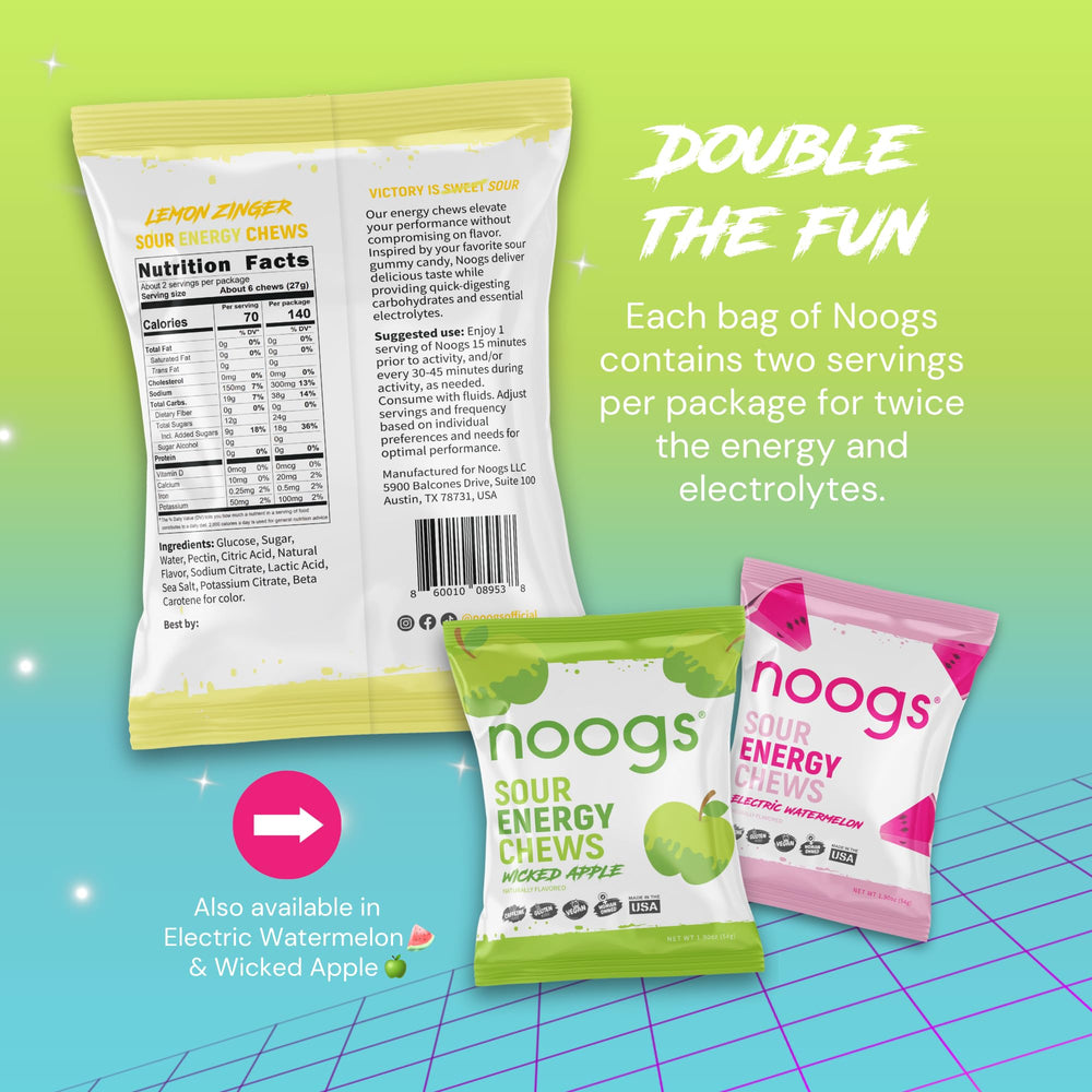 Noogs Sour Energy Chews bottle shows 150 mg sodium and 50 mg potassium for electrolyte balance