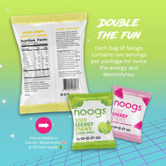 Noogs Sour Energy Chews bottle shows 150 mg sodium and 50 mg potassium for electrolyte balance