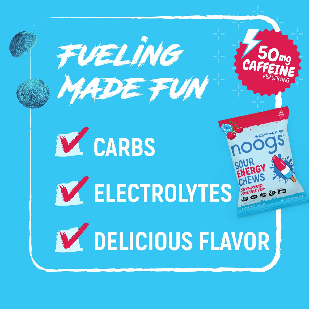 Noogs Sour Energy Chews hand-holding pack for easy mid-run fueling.